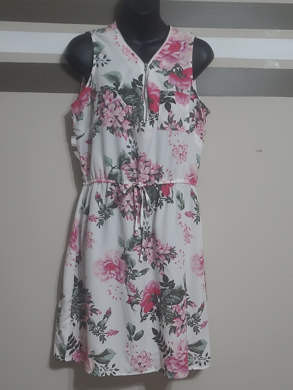 ⭐Lily Morgan White/Pink Rose Floral Zipper Neckline Sleeveless Midi Dress Sz Med